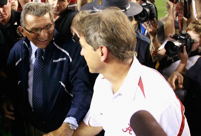 TUSCALOOSA, AL - SEPTEMBER 11:  Head coach Joe Paterno of the Penn State Nittany Lions congratulates head coach Nick Saban of the Alabama Crimson Tide during after their 24-3 loss at Bryant-Denny Stadium on September 11, 2010 in Tuscaloosa, Alabama.  (Photo by Kevin C. Cox/Getty Images)