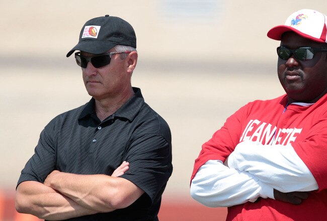 HEMPFIELD TOWNSHIP, PA - AUGUST 20:  Former Ohio State University football head coach Jim Tressel watches Terrelle Pryor's pro day with Jeannette High School head football coach Roy Hall at a practice facility on August 20, 2011 in Hempfield Township, Pennsylvania.  (Photo by Jared Wickerham/Getty Images)