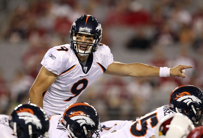 GLENDALE, AZ - SEPTEMBER 01:  Quarterback Brady Quinn #9 of the Denver Broncos prepares to snap the football during the preseason NFL game against the Arizona Cardinals at the University of Phoenix Stadium on September 1, 2011 in Glendale, Arizona.  (Photo by Christian Petersen/Getty Images)