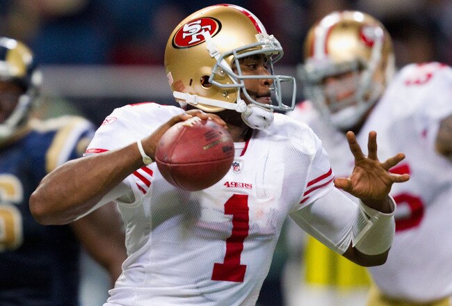 ST. LOUIS, MO - DECEMBER 26: Troy Smith #1 of the San Francisco 49ers looks to pass against the St. Louis Rams at the Edward Jones Dome on December 26, 2010 in St. Louis, Missouri. The Rams beat the 49ers 25-17. (Photo by Dilip Vishwanat/Getty Images)