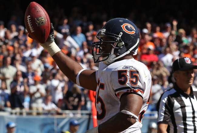 CHICAGO - SEPTEMBER 12: Lance Briggs #55 of the Chicago Bears celebrates a turn-over during the NFL season opening game against the Detroit Lions at Soldier Field on September 12, 2010 in Chicago, Illinois. The Bears defeated the Lions 19-14. (Photo by Jonathan Daniel/Getty Images)