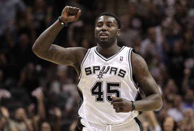 SAN ANTONIO, TX - APRIL 20:  Forward DeJuan Blair #45 of the San Antonio Spurs reacts against the Memphis Grizzlies in Game Two of the Western Conference Quarterfinals in the 2011 NBA Playoffs on April 20, 2011 at AT&T Center in San Antonio, Texas.  NOTE TO USER: User expressly acknowledges and agrees that, by downloading and or using this photograph, User is consenting to the terms and conditions of the Getty Images License Agreement.  (Photo by Ronald Martinez/Getty Images)