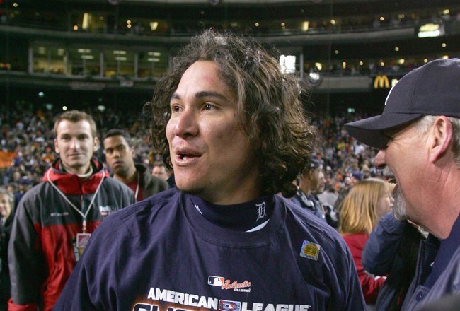 DETROIT - OCTOBER 14:  Magglio Ordonez #30 of the Detroit Tigers celebrates after winning Game Four of the American League Championship Series against the Oakland Athletics on October 14, 2006 at Comerica Park in Detroit, Michigan. (Photo by Jed Jacobsohn/Getty Images)
