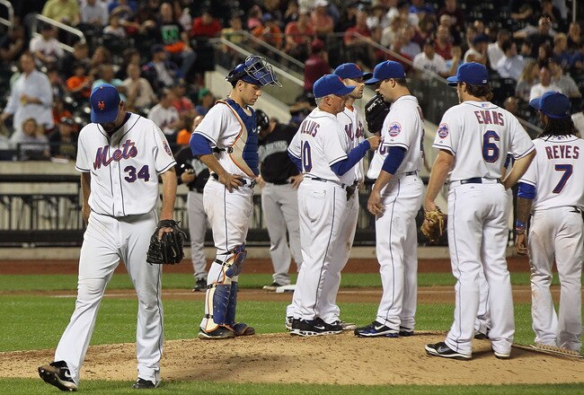NEW YORK, NY - AUGUST 30:  Mike Pelfrey #34 of the New York Mets leaves the game in the seventh inning against the Florida Marlins at Citi Field on August 30, 2011 in the Flushing neighborhood of the Queens borough of New York City.  (Photo by Jim McIsaac/Getty Images)