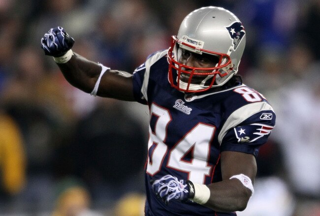 FOXBORO, MA - DECEMBER 19:  Wide receiver Deion Branch #84 of the New England Patriots celebrates a first down during the fourth quarter of the game against the Green Bay Packers at Gillette Stadium on December 19, 2010 in Foxboro, Massachusetts.  (Photo by Elsa/Getty Images)