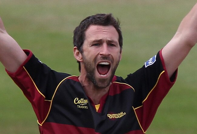NORTHAMPTON, ENGLAND - JUNE 09:  Graham Onions of Durham celebrates after taking the wicket of Alex Wakely during the Friends Life T20 match between Northamptonshire and Durham at Wantage Road on June 9, 2011 in Northampton, England.  (Photo by David Rogers/Getty Images)