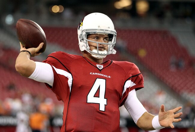 GLENDALE, AZ - SEPTEMBER 01:  Quarterback Kevin Kolb #4 of the Arizona Cardinals warms up before the preseason NFL game against the Denver Broncos at the University of Phoenix Stadium on September 1, 2011 in Glendale, Arizona.  (Photo by Christian Petersen/Getty Images)