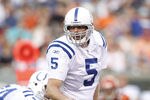 CINCINNATI, OH - SEPTEMBER 1: Kerry Collins #5 of the Indianapolis Colts calls a play during the first half of an NFL preseason game against the Cincinnati Bengals at Paul Brown Stadium on September 1, 2011 in Cincinnati, Ohio. (Photo by Joe Robbins/Getty Images)