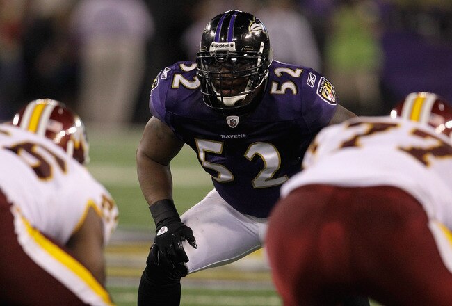 BALTIMORE, MD - AUGUST 25: Ray Lewis #52 of the Baltimore Ravens lines up against the Washington Redskins during a preseason game at M&T Bank Stadium on August 25, 2011 in Baltimore, Maryland.  (Photo by Rob Carr/Getty Images)
