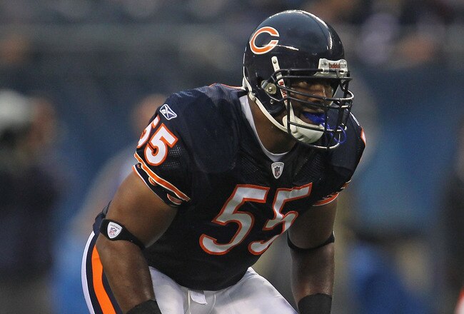 CHICAGO, IL - AUGUST 13:  Lance Birggs #55 of the Chicago Bears awaits the start of play against the Buffalo Bills during a preseason game at Soldier Field on August 13, 2011 in Chicago, Illinois. The Bears defeated the Bills 10-3.  (Photo by Jonathan Daniel/Getty Images)