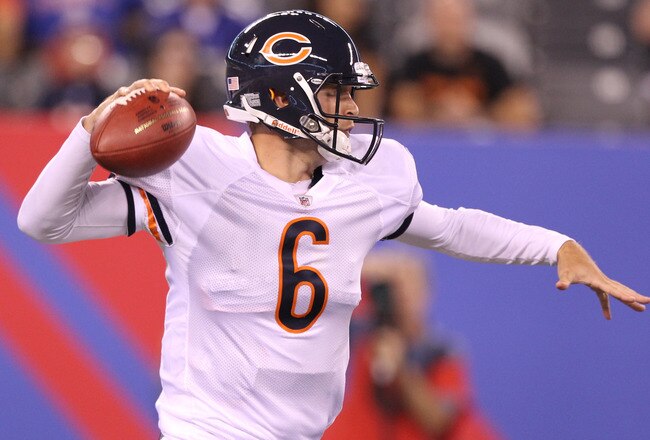EAST RUTHERFORD, NJ - AUGUST 22:  Jay Cutler #6 of the Chicago Bears looks to pass against the New York Giants during their pre season game on August 22, 2011 at The New Meadowlands Stadium in East Rutherford, New Jersey.  (Photo by Al Bello/Getty Images)