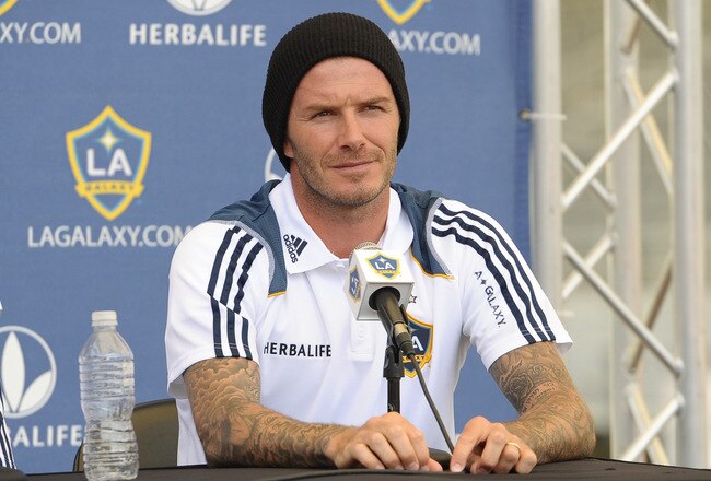 CARSON, CA - AUGUST 19:  David Beckham #23 of the Los Angeles Galaxy attends a news conference to announce the newly acquired Los Angeles Galaxy forward Robbie Keane #14 at The Home Depot Center on August 19, 2011 in Carson, California. Keane, who is the captain of Ireland's national team, will make his MLS debut against the San Jose Earthquakes on Saturday at The Home Depot Center.  (Photo by Noel Vasquez/Getty Images)