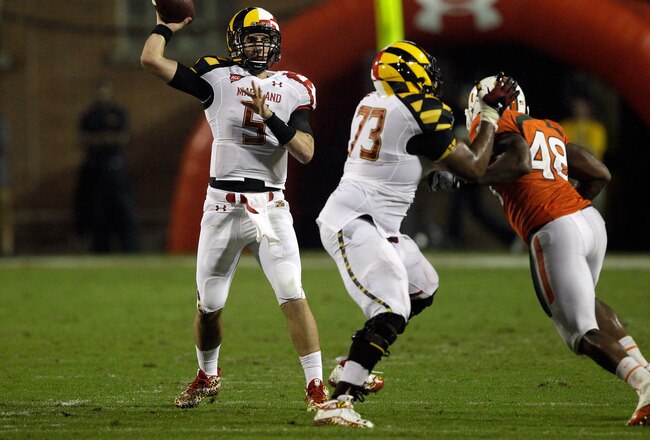 COLLEGE PARK, MD - SEPTEMBER 05:  Quarterback Danny O'Brien #5 of the Maryland Terrapins drops back to pass against the Miami Hurricanes during the second half at Byrd Stadium on September 5, 2011 in College Park, Maryland. Maryland won 32-24.  (Photo by Rob Carr/Getty Images)