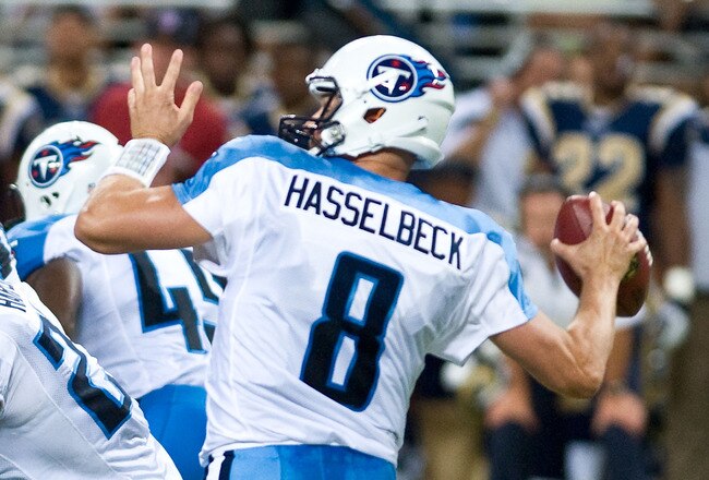 ST.LOUIS, MO - AUGUST 20: Matt Hasselbeck #8 of the Tennessee Titans passes against the St. Louis Rams during a pre-season game at the Edward Jones Dome on August 20, 2011 in St.Louis, Missouri.  (Photo by Ed Szczepanski/Getty Images)