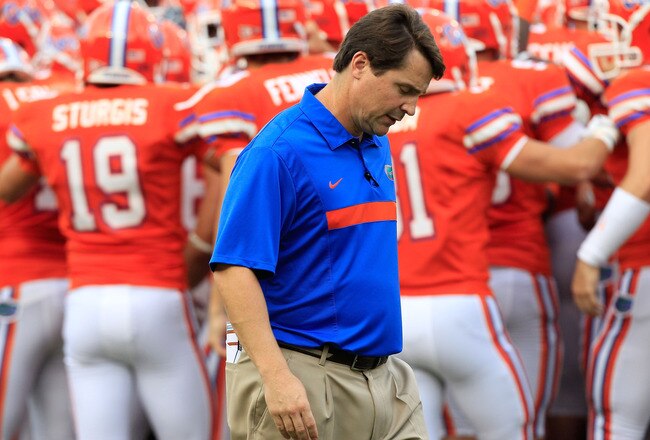 GAINESVILLE, FL - SEPTEMBER 03:  Head coach Will Muschamp of the University of Florida Gators watches the action prior to game against the Florida Atlantic University Owls at Ben Hill Griffin Stadium on September 3, 2011 in Gainesville, Florida.  (Photo by Sam Greenwood/Getty Images)