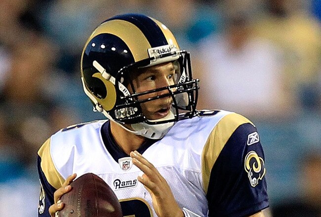 JACKSONVILLE, FL - SEPTEMBER 01:  Quarterback Sam Bradford #8 of the St. Louis Rams attempts a pass during a game against the Jacksonville Jaguars at EverBank Field on September 1, 2011 in Jacksonville, Florida.  (Photo by Sam Greenwood/Getty Images)