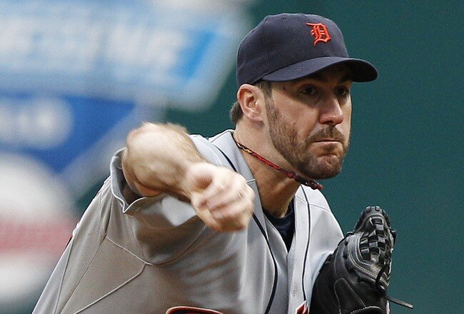 CLEVELAND, OH - SEPTEMBER 7:  Justin Verlander #35 of the Detroit Tigers pitches against the Cleveland Indians during the first inning of their game on September 7, 2011 at Progressive Field in Cleveland, Ohio.   (Photo by David Maxwell/Getty Images)