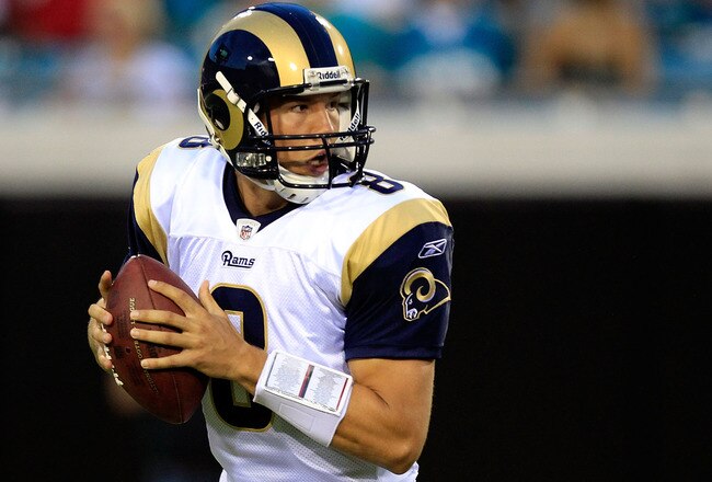 JACKSONVILLE, FL - SEPTEMBER 01:  Quarterback Sam Bradford #8 of the St. Louis Rams attempts a pass during a game against the Jacksonville Jaguars at EverBank Field on September 1, 2011 in Jacksonville, Florida.  (Photo by Sam Greenwood/Getty Images)