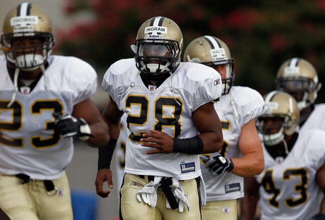METAIRIE, LA - AUGUST 05:  Mark Ingram #28 of the New Orleans Saints works out during practice at the New Orleans Saints training facility on August 5, 2011 in Metairie, Louisiana.  (Photo by Chris Graythen/Getty Images)
