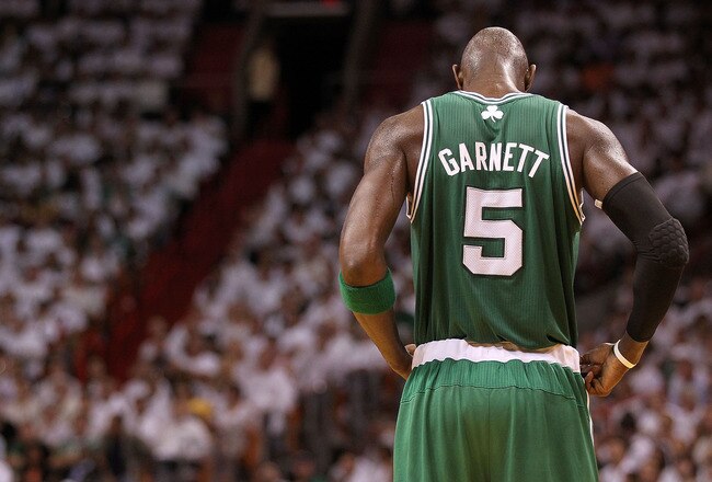 MIAMI, FL - MAY 03:  Kevin Garnett #5 of the Boston Celtics looks on during Game Two of the Eastern Conference Semifinals of the 2011 NBA Playoffs against the Miami Heat at American Airlines Arena on May 3, 2011 in Miami, Florida. NOTE TO USER: User expressly acknowledges and agrees that, by downloading and/or using this Photograph, User is consenting to the terms and conditions of the Getty Images License Agreement.  (Photo by Mike Ehrmann/Getty Images)