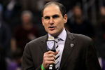 LOS ANGELES, CA - MARCH 12:  Pac-10 Commissioner Larry Scott addresses the crowd after the championship game of the 2011 Pacific Life Pac-10 Men's Basketball Tournament between the Arizona Wildcats and the Washington Huskies at Staples Center on March 12, 2011 in Los Angeles, California.  (Photo by Stephen Dunn/Getty Images)