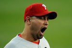 LOS ANGELES, CA - OCTOBER 15:  Shane Victorino #8 of the Philadelphia Phillies yawns in Game One of the NLCS against the Los Angeles Dodgers during the 2009 MLB Playoffs at Dodger Stadium on October 15, 2009 in Los Angeles, California.  (Photo by Jeff Gross/Getty Images)