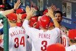 PHILADELPHIA , PA - AUGUST 17:  Hunter Pence #3 of the Philadelphia Phillies celebrates a second inning run with his teammates against the Arizona Diamondbacks at Citizens Bank Park on August 17, 2011 in Philadelphia, Pennsylvania. The Phillies defeated the Diamondbacks 9-2.  (Photo by Len Redkoles/Getty Images)