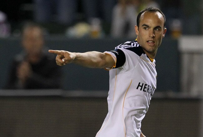CARSON, CA - SEPTEMBER 09:  Landon Donovan #10 of the Los Angeles Galaxy celebrates after scoring a goal in the first half against the Colorado Rapids at The Home Depot Center on September 9, 2011 in Carson, California.  (Photo by Stephen Dunn/Getty Images)