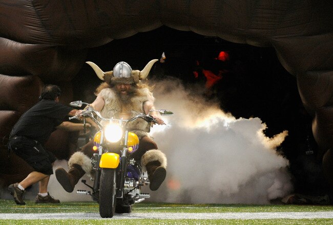 MINNEAPOLIS, MN - SEPTEMBER 01: Ragnar, mascot for the Minnesota Vikings performs before the game against the Houston Texans on September 1, 2011 at Hubert H. Humphrey Metrodome in Minneapolis, Minnesota. (Photo by Hannah Foslien/Getty Images)