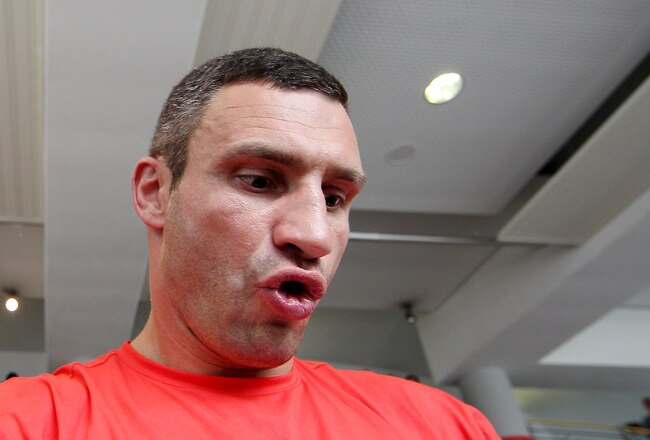 HAMBURG, GERMANY - JUNE 29:  Vitali Klitschko during a public training day to preview the heavy weight title fight between his brother Wladimir Klitschko and David Haye at a Mercedes Benz showroom on June 29, 2011 in Hamburg, Germany.  (Photo by Scott Heavey/Getty Images)
