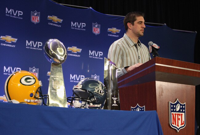 DALLAS, TX - FEBRUARY 07:  Green Bay Packers quarterback Aaron Rodgers speaks to the media during a press conference at Super Bowl XLV Media Center on February 7, 2011 in Dallas, Texas.  (Photo by Streeter Lecka/Getty Images)