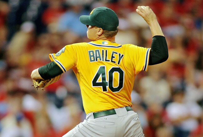 PHILADELPHIA - JUNE 25:  Andrew Bailey #40 of the Oakland Athletics pitches against the Philadelphia Phillies at Citizens Bank Park on June 25, 2011 in Philadelphia, Pennsylvania.  (Photo by Len Redkoles/Getty Images)