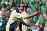 SOUTH BEND, IN - SEPTEMBER 04: Head coach Brian Kelly of the Notre Dame Fighting Irish complains to a referee during a game against the Purdue Boilermakers at Notre Dame Stadium on September 4, 2010 in South Bend, Indiana. Notre Dame defeated Purdue 23-12. (Photo by Jonathan Daniel/Getty Images)