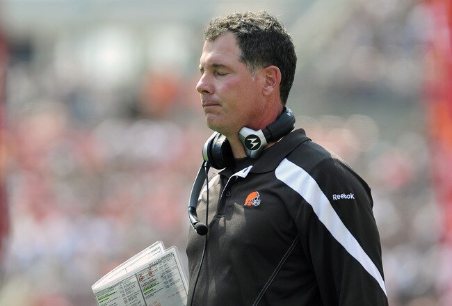 CLEVELAND, OH - SEPTEMBER 11: Head coach Pat Shurmur of the Cleveland Browns reacts to an officials call against the Browns during the first quarter against the Cincinnati Bengals at Cleveland Browns Stadium during a season opener on September 11, 2011 in Cleveland, Ohio. The Bengals defeated the Browns 27-17. (Photo by Jason Miller/Getty Images)