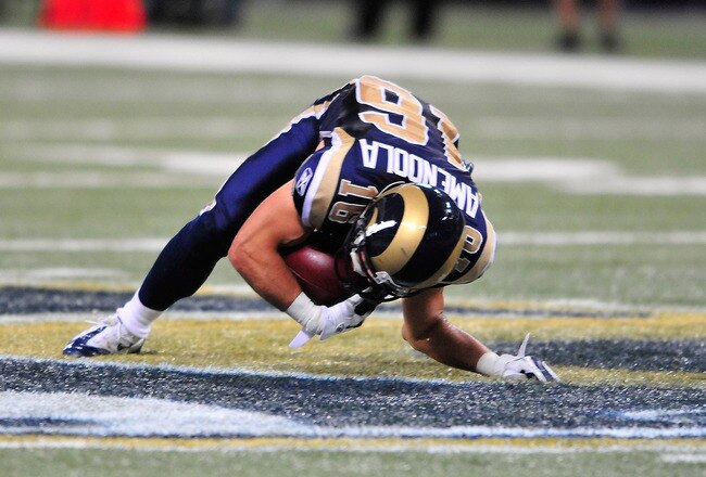 ST. LOUIS, MO - SEPTEMBER 11: Danny Amendola #16 of the St. Louis Rams dislocates his elbow during a game against the Philadelphia Eagles at the Edward Jones Dome on September 11, 2011 in St. Louis, Missouri. The Eagles defeated the Rams 31-15. (Photo by Jeff Curry/Getty Images)