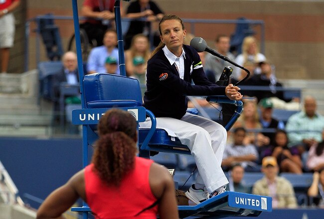 NEW YORK, NY - SEPTEMBER 11:  Serena Williams of the United States questions the call of chair umpire Eva Asderakia while playing against Samantha Stosur of Australia during the Women's Singles Final on Day Fourteen of the 2011 US Open at the USTA Billie Jean King National Tennis Center on September 11, 2011 in the Flushing neighborhood of the Queens borough of New York City.  (Photo by Chris Trotman/Getty Images)