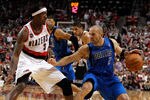 PORTLAND, OR - APRIL 23:  Gerald Wallace #3 of the Portland Trail Blazers defends Jason Kidd #2 of the Dallas Mavericks in Game Four of the Western Conference Quarterfinals in the 2011 NBA Playoffs on April 23, 2011 at the Rose Garden in Portland, Oregon. NOTE TO USER: User expressly acknowledges and agrees that, by downloading and or using this photograph, User is consenting to the terms and conditions of the Getty Images License Agreement.  (Photo by Jonathan Ferrey/Getty Images)
