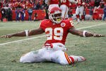 KANSAS CITY, MO - JANUARY 09:  Safety Eric Berry #29 of the Kansas City Chiefs celebrates after breaking up a pass to tight end Todd Heap #86 of the Baltimore Ravens in the endzone during their 2011 AFC wild card playoff game at Arrowhead Stadium on January 9, 2011 in Kansas City, Missouri.  (Photo by Doug Pensinger/Getty Images)