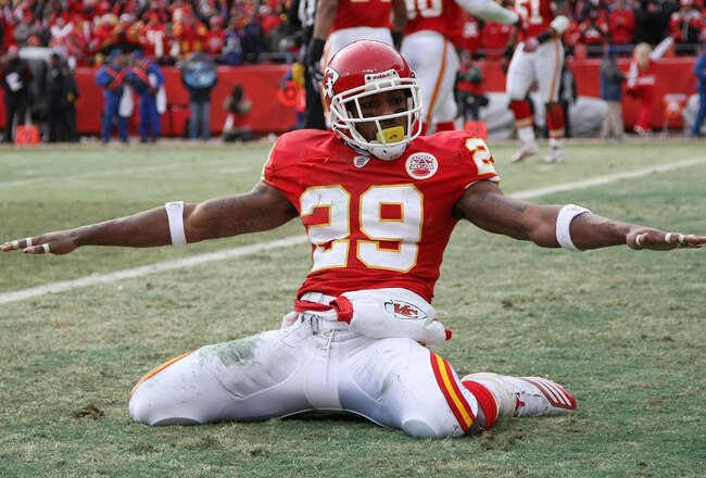 KANSAS CITY, MO - JANUARY 09:  Safety Eric Berry #29 of the Kansas City Chiefs celebrates after breaking up a pass to tight end Todd Heap #86 of the Baltimore Ravens in the endzone during their 2011 AFC wild card playoff game at Arrowhead Stadium on January 9, 2011 in Kansas City, Missouri.  (Photo by Doug Pensinger/Getty Images)