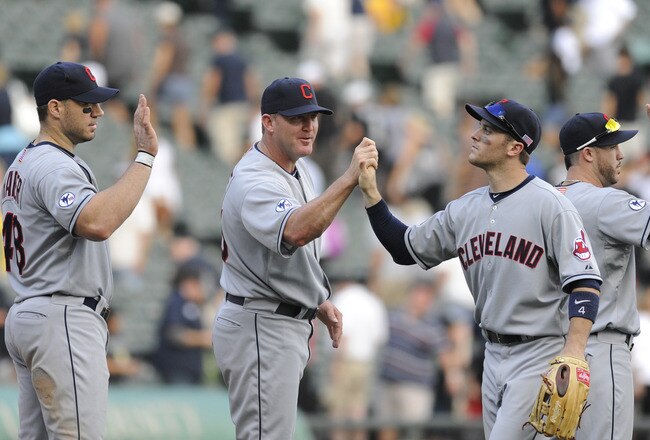 CHICAGO, IL - SEPTEMBER 11: The Cleveland Indians celebrate their victory against the Chicago White Sox on September 11, 2011 at U.S. Cellular Field in Chicago, Illinois. The Indians defeated the White Sox 7-3.   (Photo by David Banks/Getty Images)