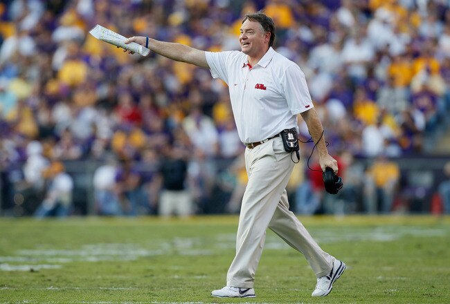 BATON ROUGE, LA - NOVEMBER 20:  Head coach Houston Nutt of the Ole Miss Rebels against the Louisiana State University Tigers at Tiger Stadium on November 20, 2010 in Baton Rouge, Louisiana.  (Photo by Kevin C. Cox/Getty Images)