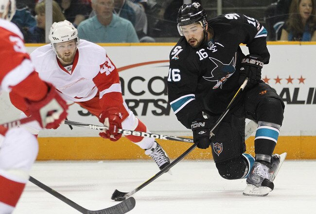 SAN JOSE, CA - MAY 08:  Devin Setoguchi #16 of the San Jose Sharks in action against the Detroit Red Wings in Game Five of the Western Conference Semifinals during the 2011 NHL Stanley Cup Playoffs at HP Pavilion on May 8, 2011 in San Jose, California.  (Photo by Ezra Shaw/Getty Images)