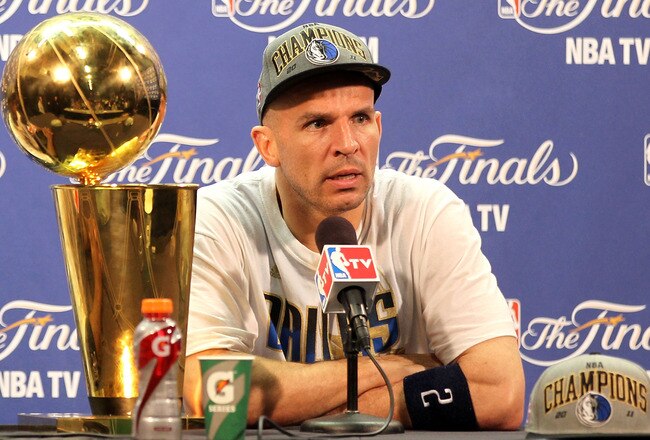 MIAMI, FL - JUNE 12:  Jason Kidd #2 of the Dallas Mavericks answers questions from the media as the Larry O'Brien Championship trophy sits on the table during a post game news conference after the Mavericks won 105-95 against the Miami Heat in Game Six of the 2011 NBA Finals at American Airlines Arena on June 12, 2011 in Miami, Florida. NOTE TO USER: User expressly acknowledges and agrees that, by downloading and/or using this Photograph, user is consenting to the terms and conditions of the Getty Images License Agreement.  (Photo by Mike Ehrmann/Getty Images)