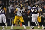 BALTIMORE - NOVEMBER 29:  Willie Colon #74 of the Pittsburgh Steelers defends against the  Baltimore Ravens at M&T Bank Stadium on November 29, 2009 in Baltimore, Maryland. The Ravens defeated the Steelers 20-17. (Photo by Larry French/Getty Images)