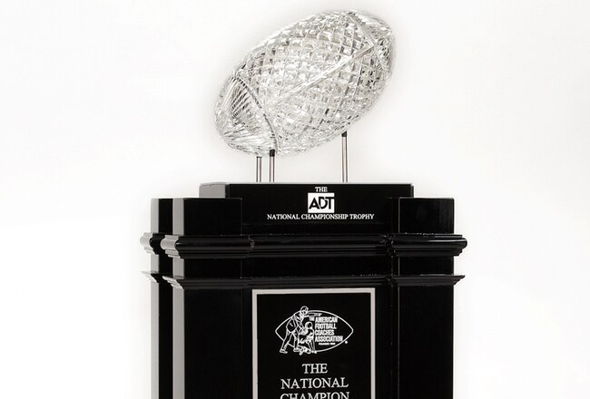 PASADENA, CA - JANUARY 4:  In this handout photo provided by ADT a general view of the Waterford Crystal ADT National Championship Trophy. The annual award is presented by the AFCA, American Football Coaches Association, to the winning NCAA team of the BCS National Championship Games following the 2003-05 college football seasons. The ADT Trophy will be awarded on-field to the winner of the Rose Bowl on January 4, 2006 at the Rose Bowl in Pasadena, California.