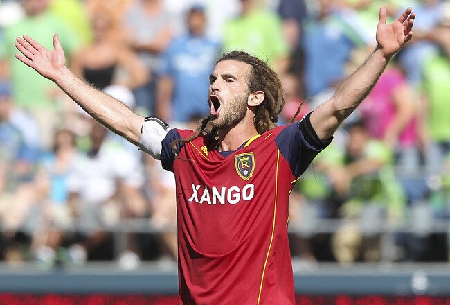 SEATTLE - SEPTEMBER 10:  Kyle Beckerman #5 of Real Salt Lake reacts after his team defeated the Seattle Sounders FC 2-1 at CenturyLink Field on September 10, 2011 in Seattle, Washington. (Photo by Otto Greule Jr/Getty Images)