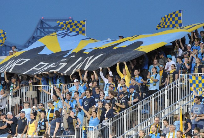 CHESTER, PA - AUGUST 06: Philadelphia Union fans cheer before game against the Houston Dynamo at PPL Park on August 6, 2011 in Chester, Pennsylvania. The game ended 1-1.(Photo by Drew Hallowell/Getty Images)