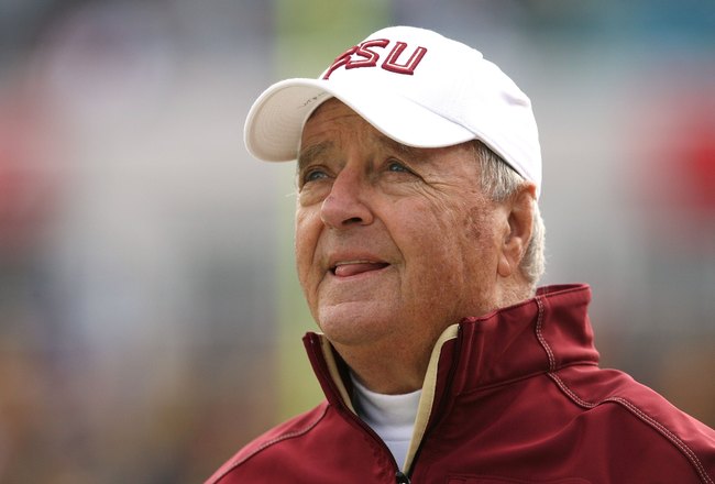 JACKSONVILLE, FL - JANUARY 01:  Head coach Bobby Bowden of the Florida State Seminoles watches his team take on the West Virginia Mountaineers during the Konica Minolta Gator Bowl on January 1, 2010 in Jacksonville, Florida. Florida State defeated West Virginia 33-21 in Bobby Bowden's last game as a head coach for the Seminoles.  (Photo by Doug Benc/Getty Images)
