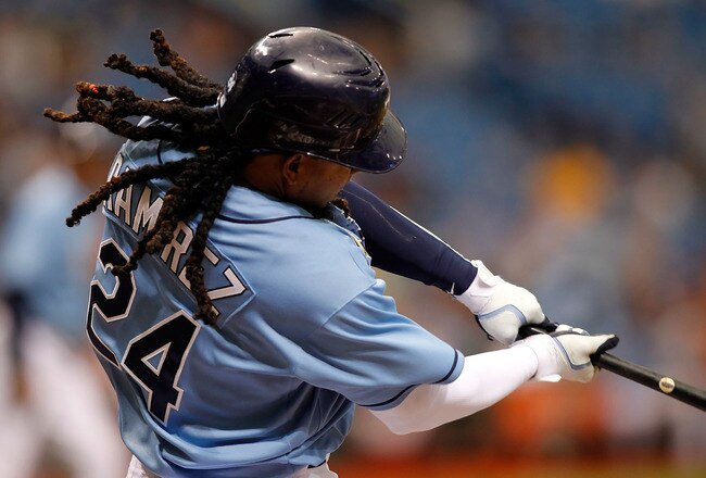 ST. PETERSBURG, FL - APRIL 03:  Designated hitter Manny Ramirez #24 of the Tampa Bay Rays bats against the Baltimore Orioles during the game at Tropicana Field on April 3, 2011 in St. Petersburg, Florida.  (Photo by J. Meric/Getty Images)
