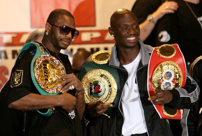 TAMPA, FLORIDA - APRIL 12:   Antonio Tarver  (R) and Chad Dawson  square up in the press conference as they prepare to fight in the future to unify the Light Heavyweight division. Photo taken on Saturday April 12, 2008 at St. Pete Times Forum, Tampa, Florida.  (Photo by John Gichigi/Getty Images)
